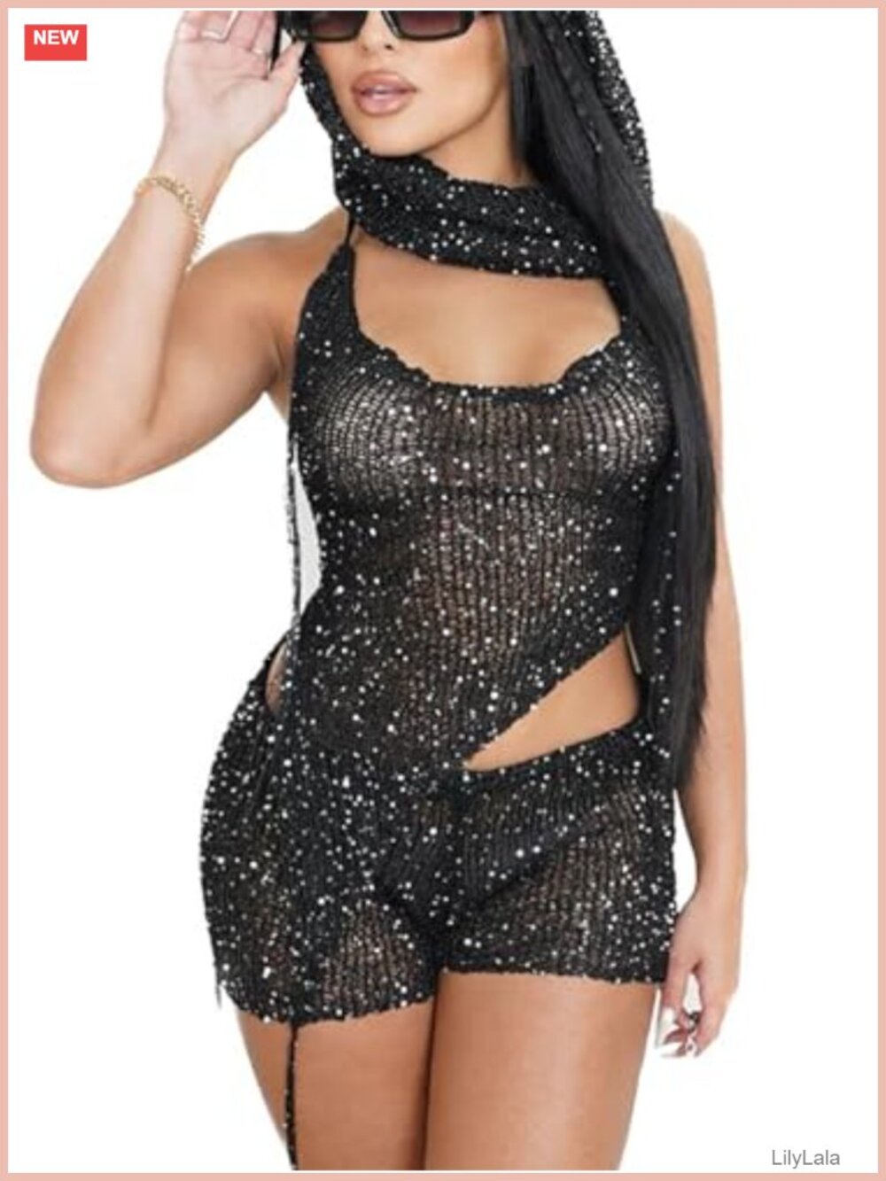 Sequin Rave Two Piece Shorts Set with Hood Asymmetrical Halter Top